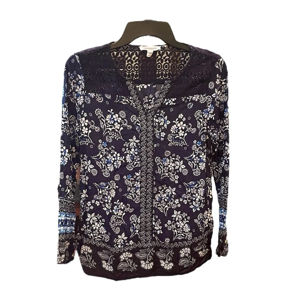 beachlunchlounge women’s lightweight tunic blouse long sleeve lace SZ XS navy